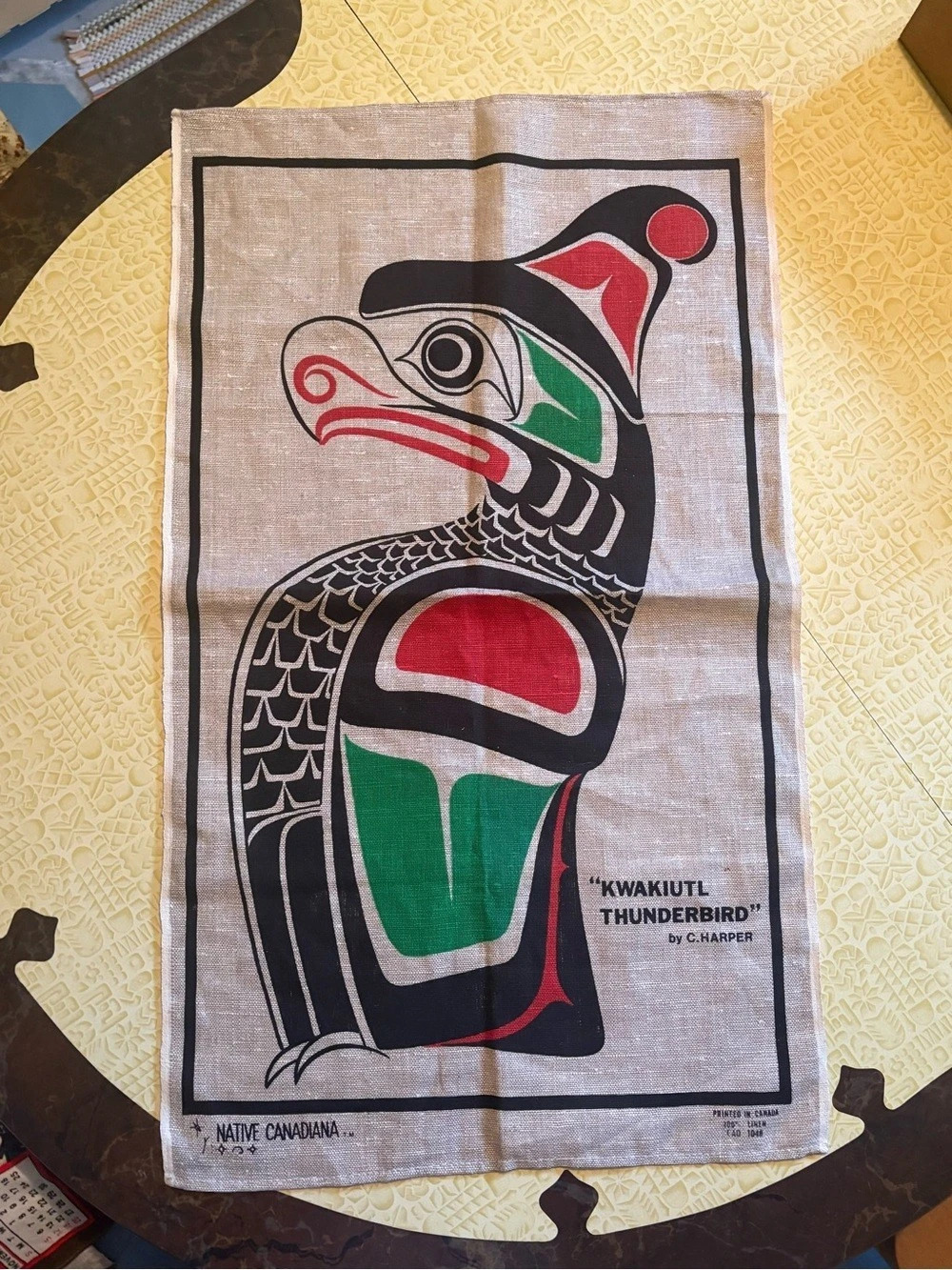 Vintage Kwakuitl Thunderbird by C. Harper Linen Hand Towel Beige & Green